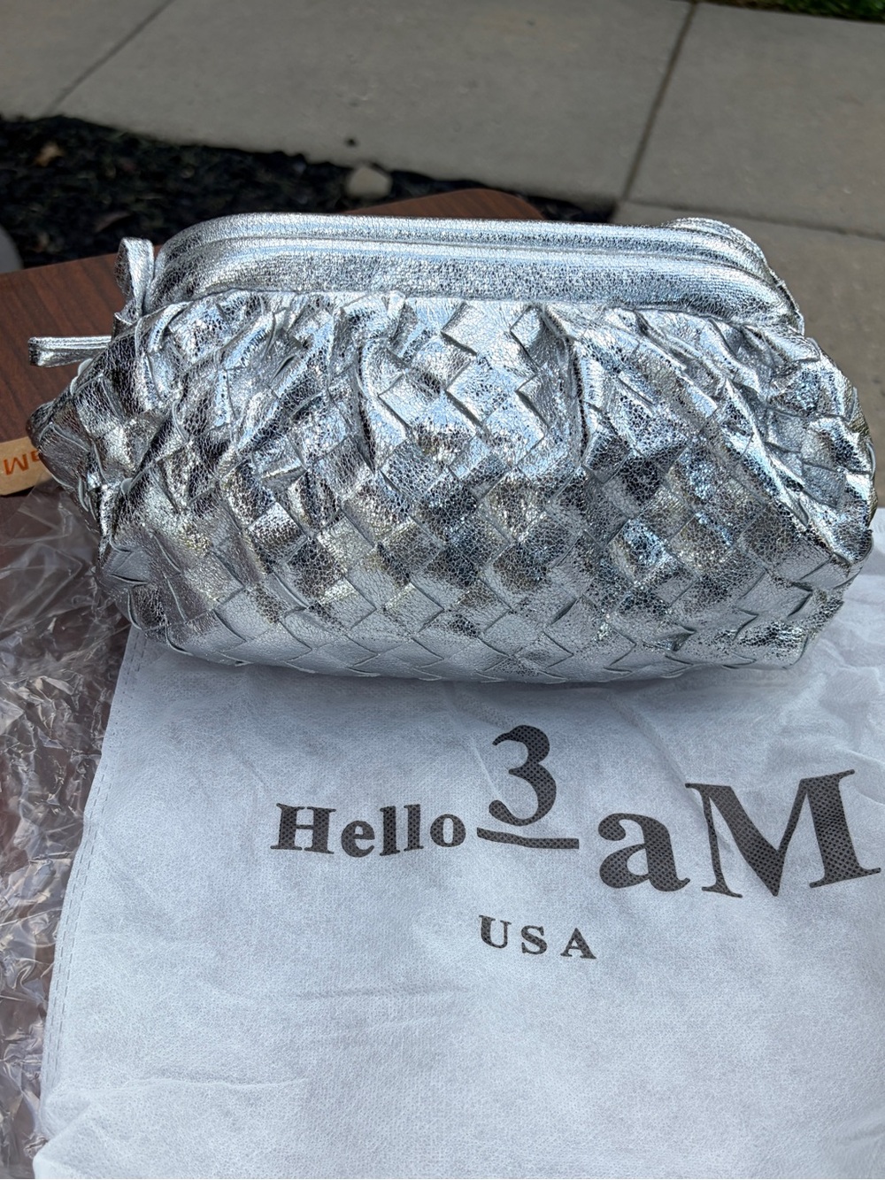 Hello 3 AM Silver Metallic Woven Clutch Crossbody Purse NWT